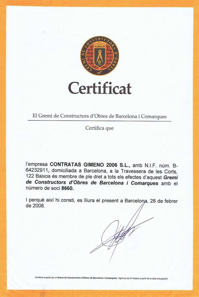 contratas gimeno certificado Gremi Constructors d'Obres de Barcelona i comarques