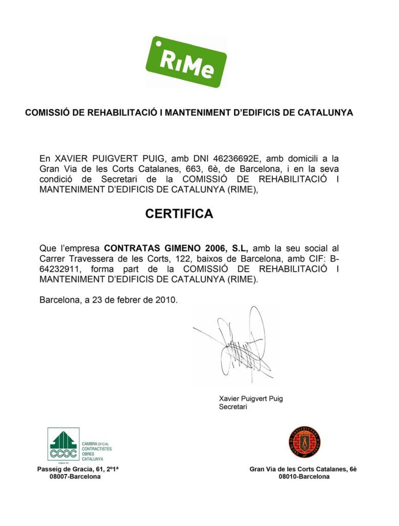 contratas gimeno certificado Rime